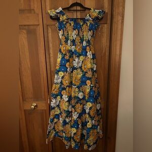 Listicle Women's Sz S Floral Blue Yellow Orange Tropical Tiered Maxi Dress; NWT